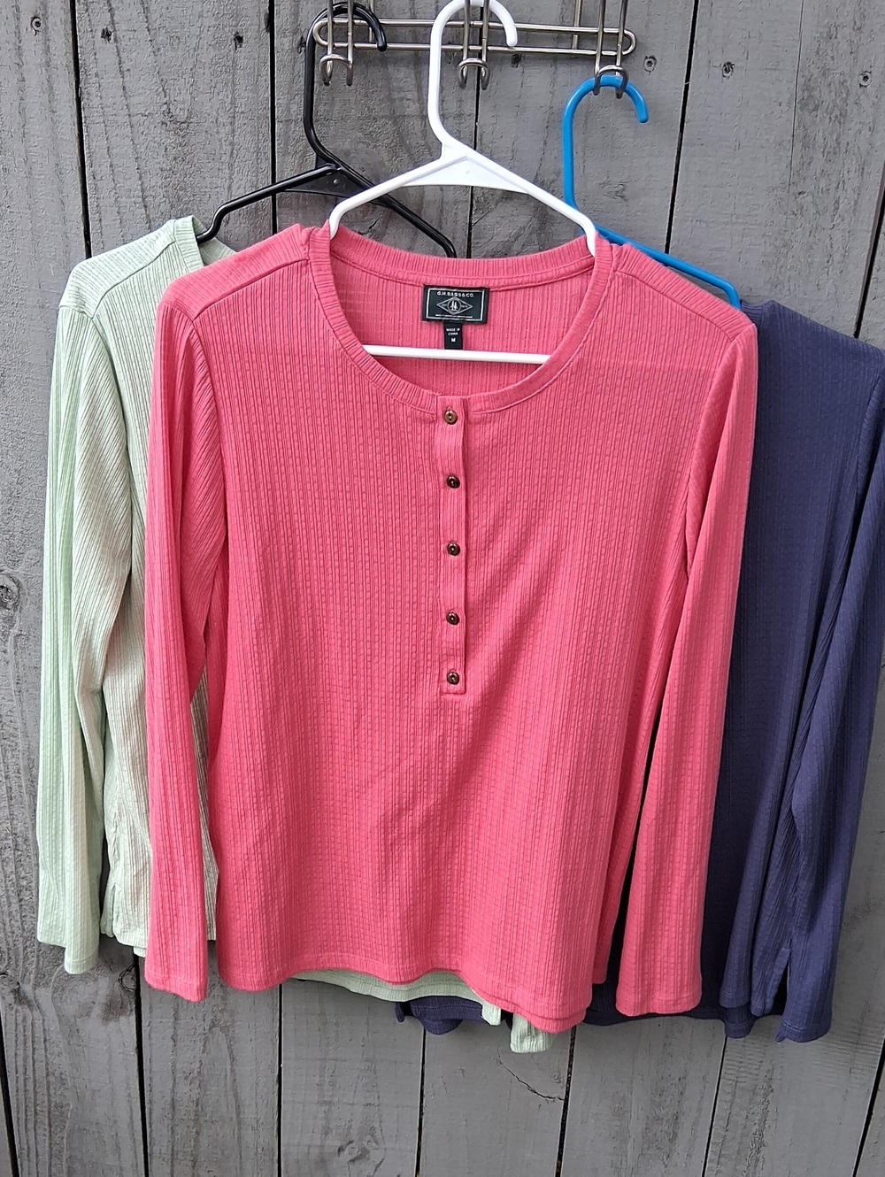 Set Of 3- Coral Pink, Green And Indigo- Ribbed Henley Long Sleeve Top - Soft!!